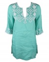 Calypso womens coraline beaded linen tunic aqua shirt XS