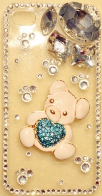 3D White & Blue Heart TEDDY BEAR Case for iPhone 4 & 4S Verizon Sprint AT&T HIGH QUALITY Crystals Bling Cover By iPhashon