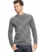 Sophisticated and always in style is this comfortable diagonal plaid crew neck sweater by BOSS Black.