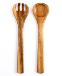 Bring the retro sophistication of natural wood to your dinner table. The boldly carved Acacia Wood servers from The Cellar are a classic touch for tossing and plating salads. Pair with the Wood Curve serving bowl.