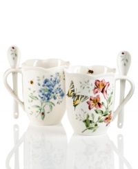 Too sweet, Butterfly Meadow cocoa mugs boast the beloved blooms and butterflies of Lenox in easy-care porcelain. A scalloped edge, details inside and coordinating spoons that set in the handle make them a treat to give and to get.