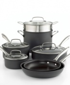 Excellence and convenience collide in a superior collection of pots, pans and all of the pieces you need for a professional kitchen. Using superior technology, this set combines hard-anodized exteriors with a dishwasher-safe long-lasting nonstick finish to deliver expertly-cooked masterpiece meals and hassle-free clean-ups. Lifetime warranty.