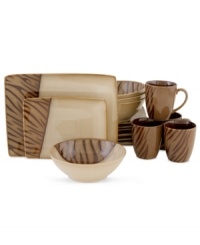 Be a more adventurous eater with the Safari Brown dinnerware set from Sango. Animal stripes in warm earth tones adorn four ultra-contemporary place settings.