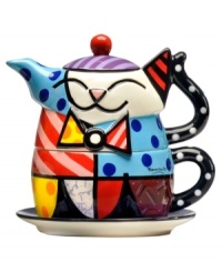 Heads and tails above the average tea set, this cat-themed design is stacked with the vivid colors and bold patterns of Brazilian pop artist Romero Britto.