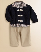 A cool set for the baby prep, featuring a check shirt, toggle sweater and cute corduroy pants. Shirt Point collarButton frontLong sleeves with button cuffsCurved hemPolyester Sweater V-neckToggle closureRibbed trim Pants Pull-on styleCottonMachine washImported Please note: Number of buttons may vary depending on size ordered. 