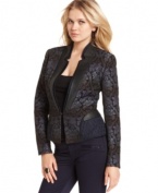 With rich brocade and faux-leather trim, this W118 by Walter Baker blazer is super chic for a stylish layered look!