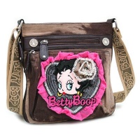 Betty Boop Denim Messenger Bag w/ Sequin And Lace Accents Brown