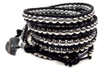 Rhiannon Black Genuine Leather Wrap Bracelet, Silver Beads: 39 Extra Long 5x Wrap Bracelet in Gift Box