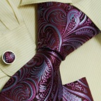 Purple Paisleys silk neck tie cuff links hanky set birthday dark magenta Florals gift tie H6041  Red