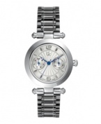 Vibrant, blue hands make everyday brighter with this Gc Swiss Made Timepieces watch. Stainless steel bracelet and round case. Silvertone sunray dial features numerals at twelve and six o'clock, stick indices, day and date subdials and blue hands. Swiss movement. Ten-year limited warranty. Luxury Gc gift box packaging included.