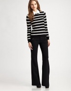 Bold stripes give the right graphic punch to this soft, stretch-wool pullover, styled with a mock point collar that embrace's Alice + Olivia's sophisticated yet always playful attitude.Long sleevesRibbed trimPullover styleBody: 85% wool/15% spandex; trim: cottonDry cleanImported of Italian fabricModel shown is 5'8½ (174cm) wearing US size Small.