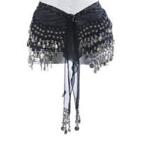 Black Belly Dancing Hip Scarf with Silver Coins