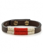 Waxed wraparound threads bring colorful contrast to this naturally smooth, metal-studded Vachetta leather bracelet.