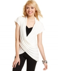 Get all wrapped up in Planet Gold's cozy, short sleeve sweater! A criss-cross drape design makes this layering piece totally unique.