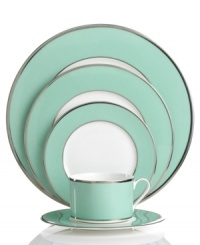 Full of possibilities, the Color Studio place settings from Mikasa boast bands of turquoise and platinum in timeless bone china. Keep it simple or make it pop with fun patterned accessories.