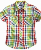 He can roll up with his friends in style with this breezy short-sleeve button-front shirt from Tommy Hilfiger, in a colorful, hip plaid.