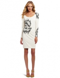 HALSTON HERITAGE Women's Long Sleeve Round Neck Embellished Dress, Cream, 0