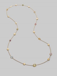 From the Jaipur Collection. A colorful array of faceted semi-precious gemstones, interspersed with textured gold discs, creates a look of modern drama and delicate grace. Stones may include tourmaline, quartz, topaz, peridot, rhodolite garnet, iolite, tanzanite, aquamarine and apatite 18k yellow gold Length, about 36 Lobster clasp Made in Italy Please note: Stones may vary.