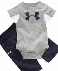 Get his geared up in sporty style with this cute bodysuit and pants set by Under Armour.