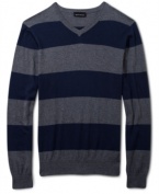 Soft and warm cotton and cashmere blend together to make this handsome striped sweater by DKNY Jeans.