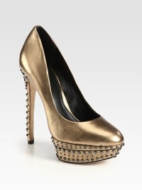 Exude big-city style wearing this metallic leather peep toe pump with edgy metal studs and an arresting heel. Self-covered heel with metal studs, 5¾ (145mm)Covered platform with metal studs, 1½ (40mm)Compares to a 4¼ heel (110mm)Metallic leather upper with metal studsPeep toeLeather lining and solePadded insoleImported