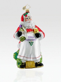 Perfect for wine enthusiasts, this ornate glass Santa makes a toast to a holly jolly Christmas. Hand-blownHand-painted6 tallMade in Poland