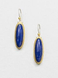 A beautiful, speckled lapis cabochon set in 24k gold accented with sleek sterling silver. LapisSterling silver24k goldDrop, about 1.4Hook backImported 