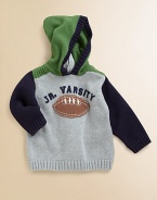 Your little boy will score a touchdown in this knit hoodie with full back zipper and football motif.Attached hoodLong sleevesBack zipperRibbed cuffs and hemCottonMachine washImported