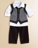 He'll be ready for anything in this dressy outfit, featuring a woven shirt, herringbone-knit vest and cozy corduroy pants. Shirt Point collarButton frontLong sleeves with rolled cuffs Vest Button frontRibbed trim Pants Pull-on styleCottonMachine washImported Please note: Number of buttons may vary depending on size ordered. 