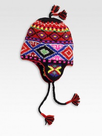 Warm and colorful wool hat covers the ears for maximum warmth.Tassel trim on top and tiesWoolDry cleanImported