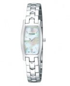 Pair this angelic Pulsar timepiece with your dearest dress for a truly special evening. Crafted of stainless steel bracelet and rounded rectangular case. Mother-of-pearl dial features silver-tone Roman numerals at six and twelve o'clock, applied stick indices, hour and minute hands and logo. Quartz movement. Water resistant to 30 meters. Three-year limited warranty.