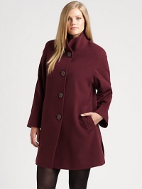 Made from fine Italian fabrication, an A-line jacket with convenient slash pockets. You'll adore pairing this style with a sleek skirt or skinny pants.Stand collarLong sleevesOversized buttonsSlash pocketsFully linedAbout 33 from shoulder to hem60% wool/20% angora/20% nylonDry cleanImported of Italian fabric