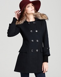 Exude sophisticated style in this classic double-breasted SAM. coat with plush fur collar.