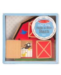 Crafted from select hardwood and accented with child-safe dyes, First Play Peek-a-Boo Barn baby toy features four friendly farm animals, hiding behind barn doors that flap open and click-clack back into place. It's ideal for young toddlers developing hand-eye coordination and concepts of object permanence. And with lots of visual detail and a peek through window in the hayloft, it will keep older toddlers busy developing vocabulary and counting skills, playing memory games and more!