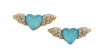 Cute Small 3/4 Gold Plated Flying Heart Angel Wings Stud Earrings with Sparkling Clear Crystals and Iridescent Aqua Blue Heart