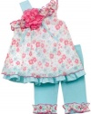 Rare Editions Baby-Girls Aqua Pink Flower 1-Shoulder Capri Set 6M (E664253)