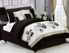 7 Piece Queen SAGE GREEN/BEIGE/BLACK Pin Tuck Bed in a Bag Flock Comforter Set