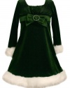 Green Buckle Bow Front Glitter Velvet Santa Dress GR3NA Bonnie Jean Little Girls Special Occasion BNJ Christmas Holiday Santa Dress, Green