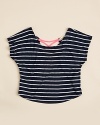 From Vintage Havana, a cute crop top in stripes, beautifully embellished with neon straps at the open back panel.