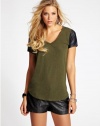 GUESS Women's Faux-Leather Contrast Tee, TRAVERTINE (LARGE)