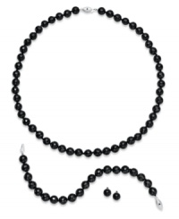 Go bold. Black onyx beads (260 ct. t.w.) decorate this stand-out jewelry set. Includes a necklace, bracelet and pair of stud earrings. Set in sterling silver. Approximate length (necklace): 18 inches. Approximate length (bracelet); 7-1/2 inches. Approximate diameter (earrings): 1/4 inch.