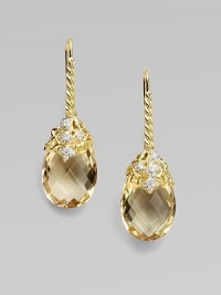 From the Quatrefoil Tapestry Collection. A glowing faceted teardrop of champagne citrine hangs from a stunning cap of 18k gold set with pavé diamonds in quatrefoil shapes.Diamonds, .15 tcwChampagne citrine18k yellow goldLength, about ½Cable ear wireImported