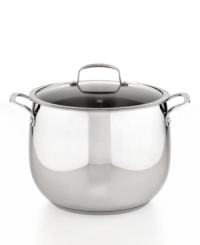 Kitchen stocked! Prep quick, dish it out & clean up easily with this stainless steel dishwasher-safe kitchen essential. With an aluminum encapsulated impact-bonded base, this pot heats up fast & evenly with a bell-shaped body that enhances moisture circulation for tender, flavor-rich results. Limited lifetime warranty.