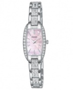 Perfectly pretty, all day and all night. This versatile Pulsar watch features a stainless steel bracelet and rounded rectangular case. Bezel and bracelet crystallized by Swarovski elements. Pink mother-of-pearl dial with silvertone stick indices and logo. Quartz analog movement. Water resistant to 30 meters. Three-year limited warranty.