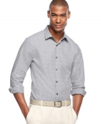 A classic gets a much needed modern upgrade with this slim fit glen plaid shirt from Perry Ellis.