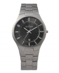 Simply classic and stylishly strong, by Skagen Denmark. Watch crafted of titanium bracelet and round case. Brushed black dial features silver tone numerals, minute track, date window at six o'clock, three hands and logo. Quartz movement. Water resistant to 30 meters. Limited lifetime warranty.