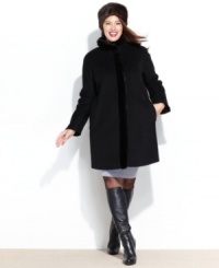 Faux-fur trim adds the look of luxe to this Ellen Tracy plus size coat -- fabulous for a stylish fall look without skimping on warmth!