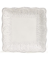 More than charming, the Blanc Elisabeth square salad plate from Versailles Maison incorporates a scalloped edge, floral medallions and soft white finish to perfect vintage-style settings.