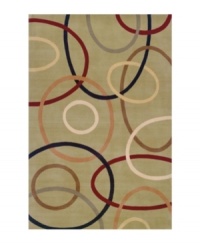 A playful array of interacting swirls in deep red, gray, taupe and salmon against an olive  background creates a rug that is absorbing, abstract and lighthearted at the same time that it is elegant and modern. Color scheme and unique pattern make this rug versatile enough to complement any room. Hand carved of plush 100% New Zealand wool.