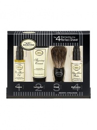 The 4 Elements of The Perfect Shave combine The Art of Shaving's high quality products, handcrafted accessories and expert shaving technique to provide optimal shaving results while helping against ingrown hairs, razor burn, and nicks and cuts. The Starter Kit offers one week's worth of essentials for a close and comfortable shave. Set includes: 0.5 oz. Pre-Shave Oil, 1 oz. Shaving Cream, 0.5 oz. After-Shave Balm and Trial Size Badger Shaving Brush.